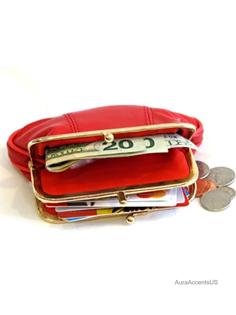 Genuine Leather Mini Wallet Frame Coin Purse with Zipper Closure